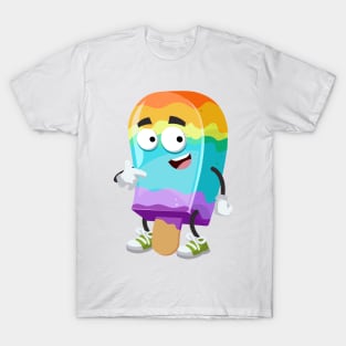 cartoon rainbow colors ice cream on a stick mascot showing himself T-Shirt